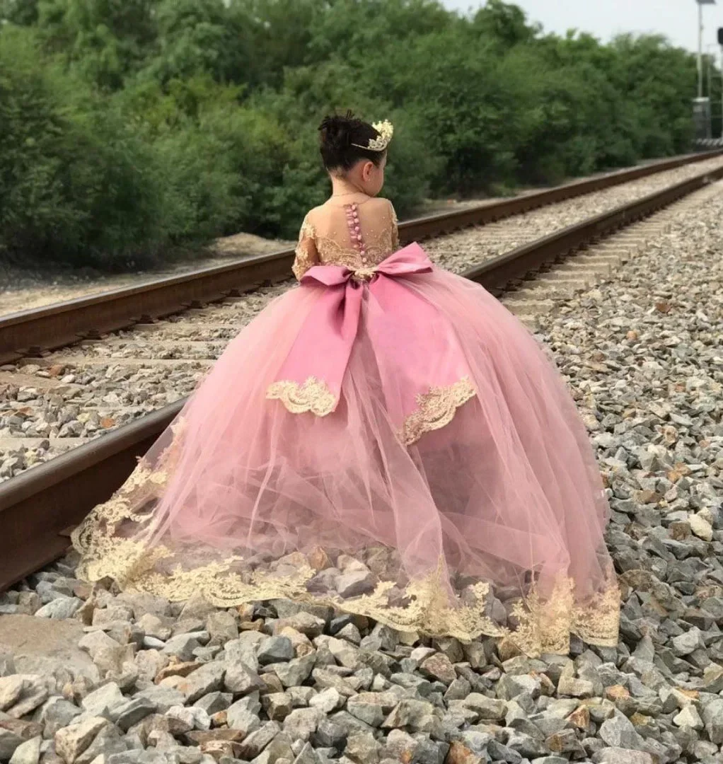 Vestidos de niña de flores con apliques, fajas, cuello redondo, mangas completas, vestido de desfile de princesa, vestido largo de fiesta para niños, primera comunión