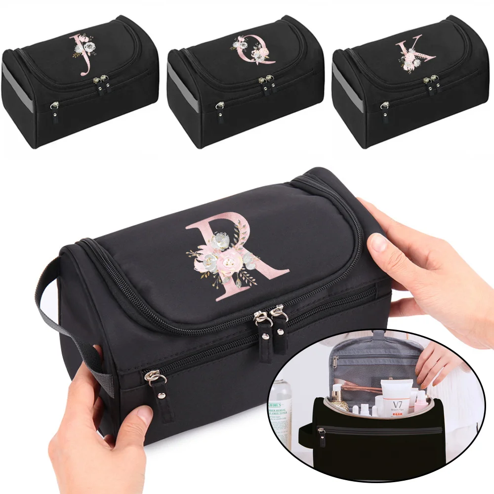 

MakeUp Wash Bags Hook Up Cosmetic Packet Women Travel Toiletry Organizer Accessory Bag Pink Flower Print Handbag Make Up Case