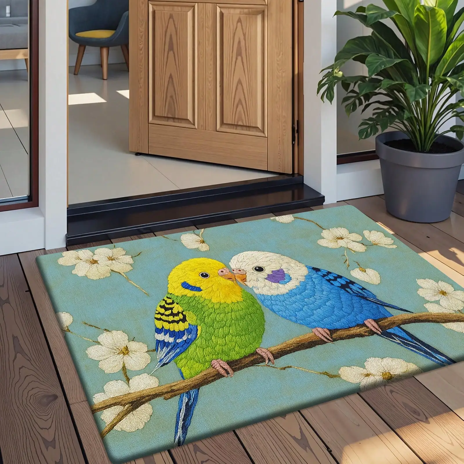 Two Parrot Floral Printed Flannel Mat Non Slip Washable Rug Bedroom Kitchen Dining Bathroom Multi-Scene Carpet