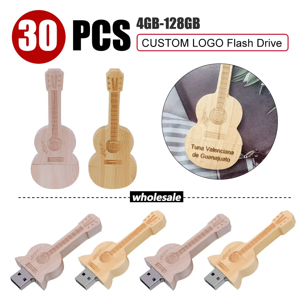 30 PCS/lot free LOGO hot selling creative 2 color wooden guitar USB 2.0 4GB/8GB/16GB/32GB/64GB USB flash drive music gift