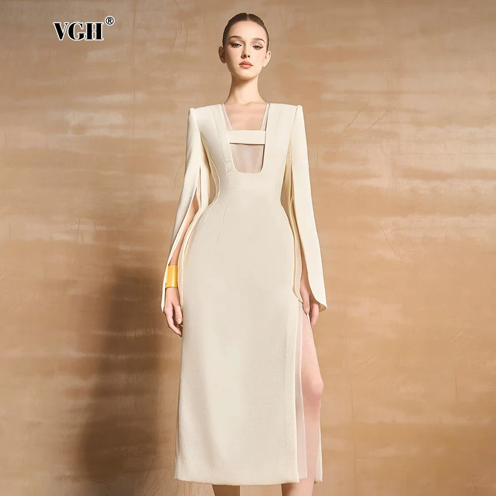 

VGH Elegant Solid Hollow Out Long Dresses For Women Square Collar Long Sleeve High Waist Thigh Split Formal Dress Female Style