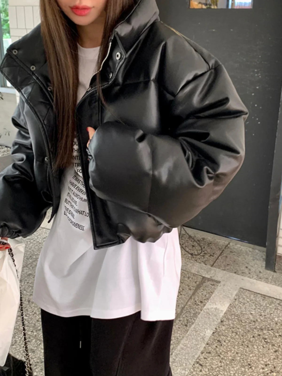 

Retro Matte Bla PU Leather Cotton Jaet Women's Winter Thiened Stand Collar Sweet Cool Versatile Bread Sle Trendy Coat