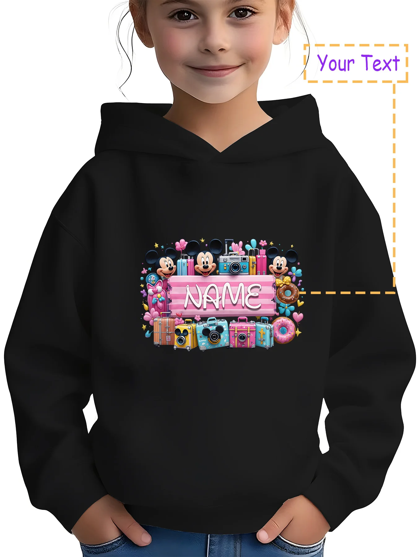 

MINISO Disney Suitcase Hoodie - Mickey and Minnie + Suitcase Camera, perfect for family outings or daily outfits, customizable w