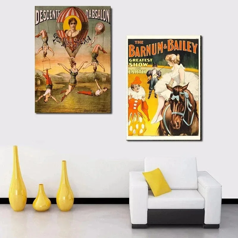 Vintage Circus Poster Clown Magician Animals Canvas Painting Amusement Artwork Prints for Bar Club Cafe Home Decor