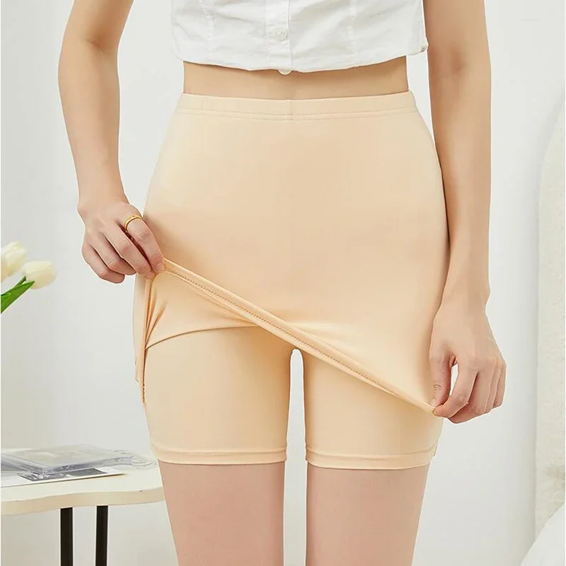 

Women Double Layer Milk Silk Safety Pants with Front Crotch Summer Solid Color Seamless Invisible Under Skirt Shorts for Dress