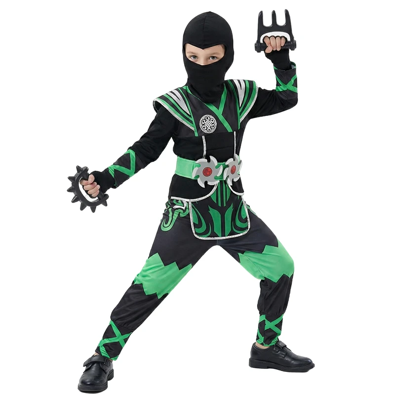 Japanese Ninja Costume Set for Children Green Samurai Dress Up with 9 Piece Toy Gift Halloween Cosplay Boy/Girl Holiday Costume view 5