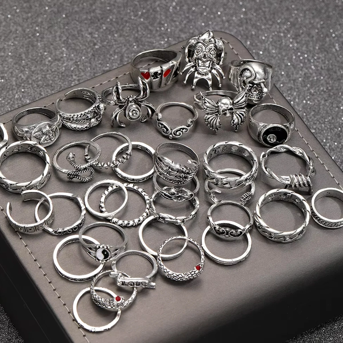 35PCS Vintage Punk Silver Color Gothic Rings for Men Geometric Poker Snake Spider Skull Rings Sets Personalized Hip Hop Jewelry