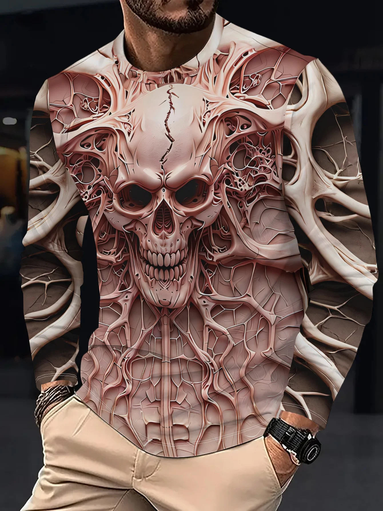 2026 New Autumn/Winter Gothic Skeleton Rib Pattern Long Sleeve Round Neck T-shirt Set Skull 3D Printed Halloween Costume