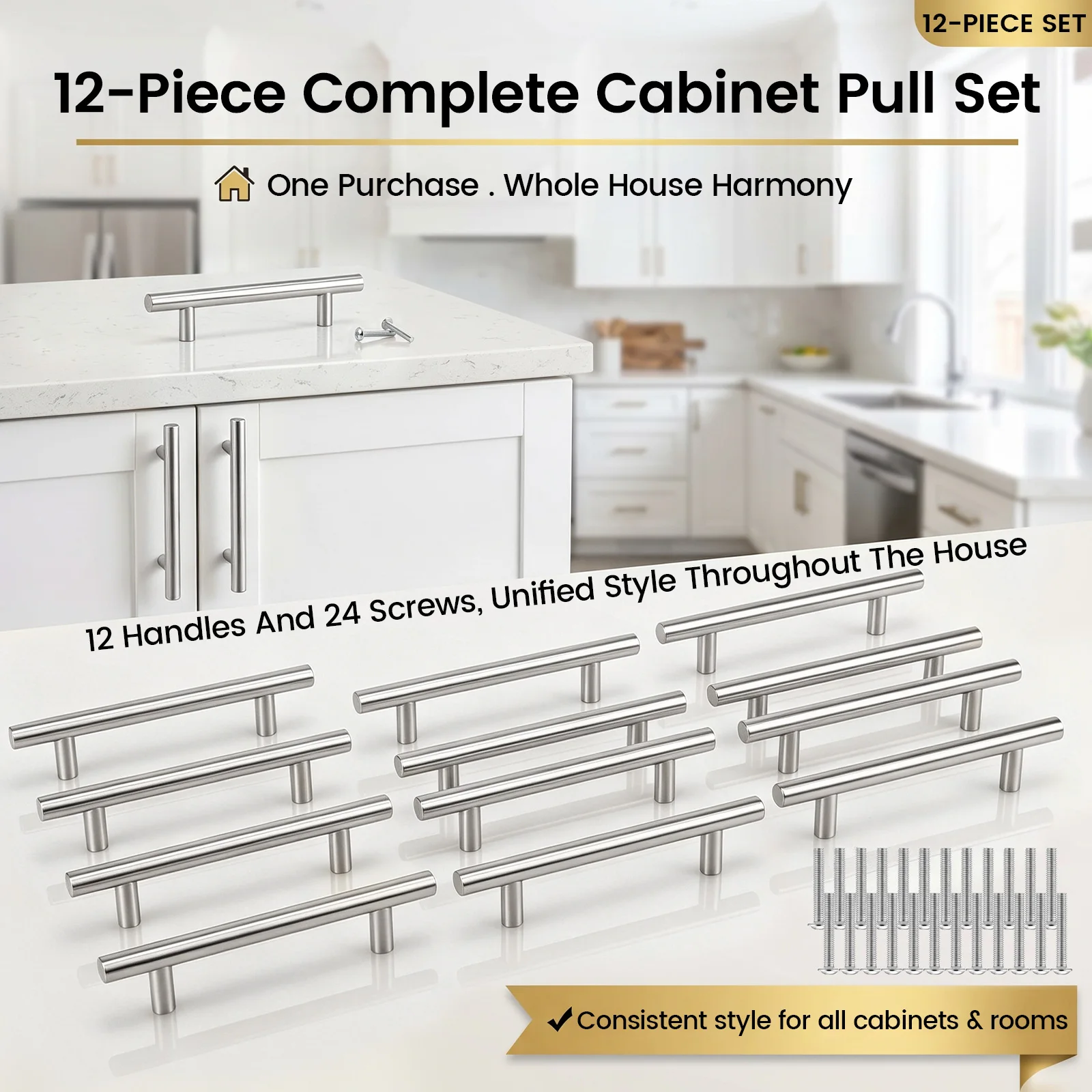 Cabinet Handles 12 Pcs 3 3/4 Inch Hole Centers Stainless Steel Kitchen Drawer Pulls Modern Hardware for Cupboards Dressers