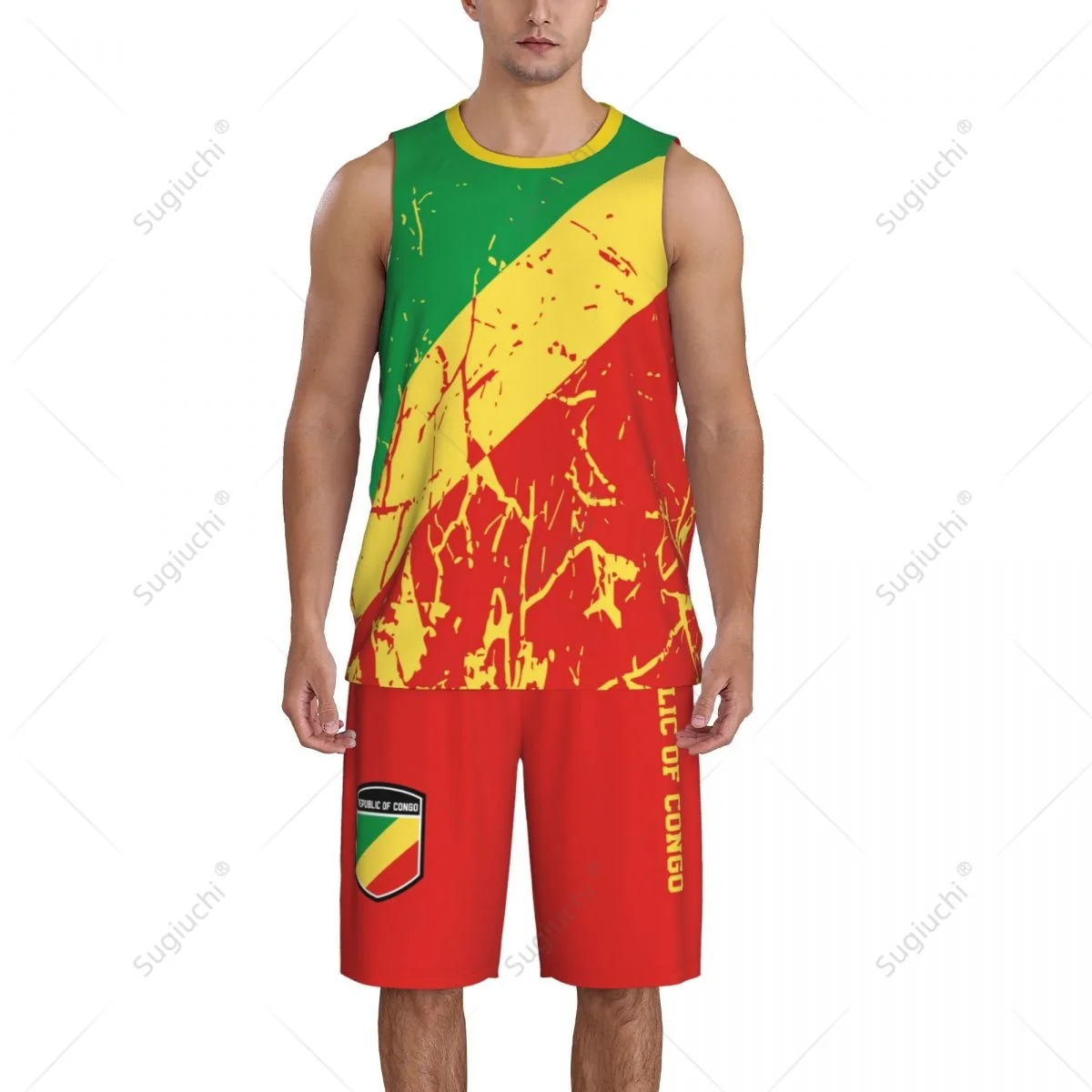 ชุด JERSEY Basket ลายธงชาติ congo ของผู้ชายเสื้อและกางเกงแขนกุดชื่อ Nunber Exclusive