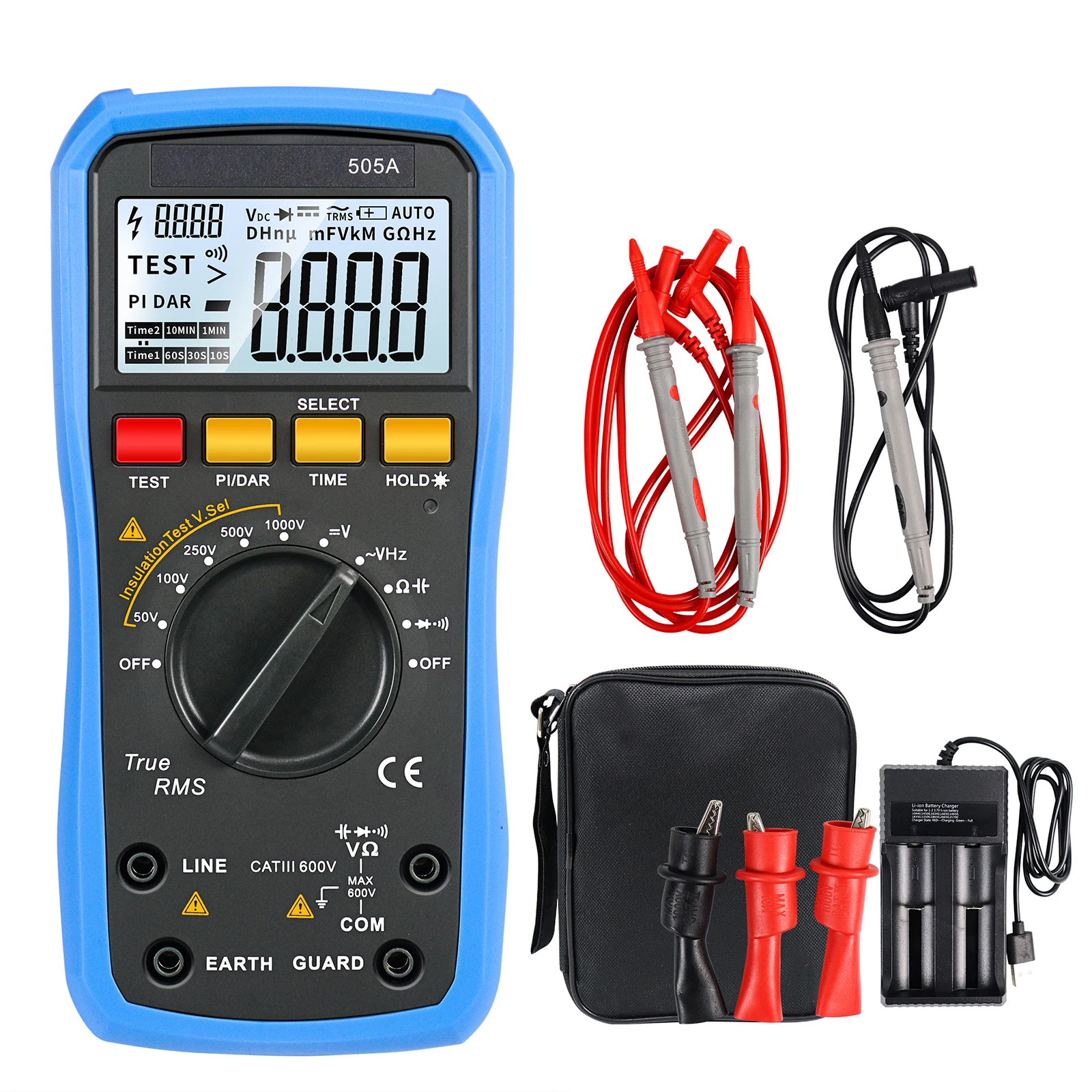 

SK-505A 2-in-1 Digital Insulation Resistance Tester + Multimeter 50V-1000V/20GΩ Ω/Cap/Continuity PI/DAR Auto Range