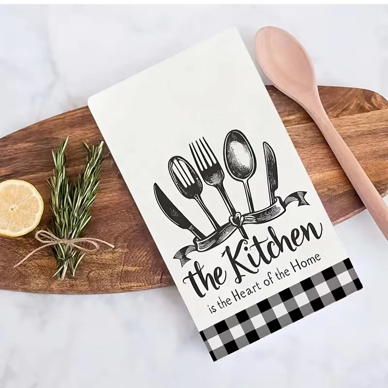2-Pack Black Tableware Design Kitchen Towels, 100% Microfiber Knit Fabric, Modern Rectangular Shape, Machine Washable, Ultra-Fine Weave, Cartoon-Themed Decorative Dish Towels, Perfect for Housewarming, Gifts for Mom and Friends