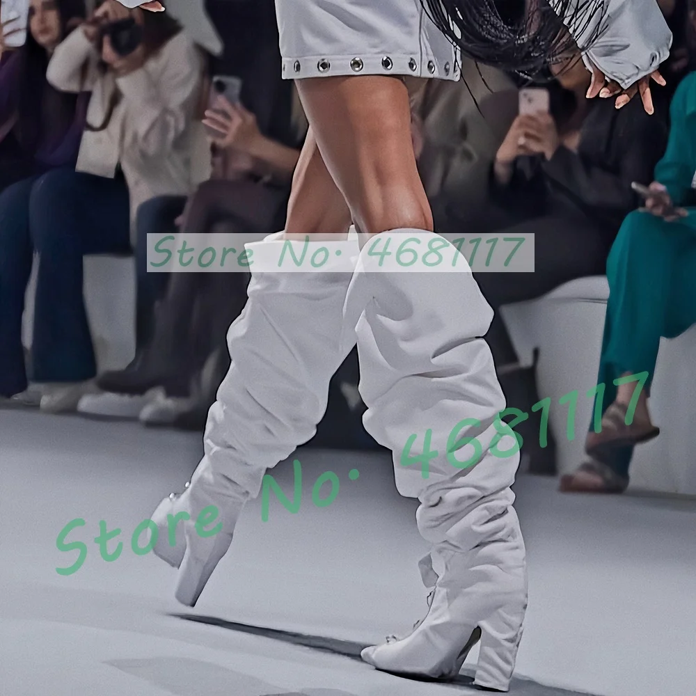 White Loose Pleated Wide Calf Tall Boots Women Stylish Metal Ring Decor Pointy Toe High Heels Boots Pull On Elegant Party Shoes