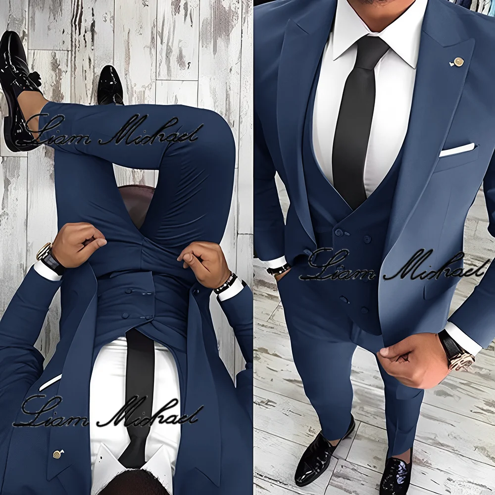 Fato formal azul marinho masculino, smoking elegante para casamento do noivo, jaqueta, calça, colete, vestido de festa, slim fit, roupa masculina, 3