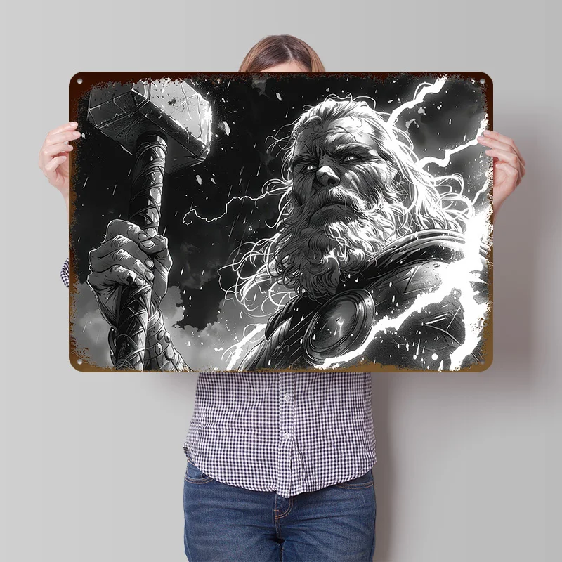 Thor Holding His Hammer Printed Poster Customized Wall Art Retro Vintage Metal Tin Signs for Room Ornaments Home Decorations