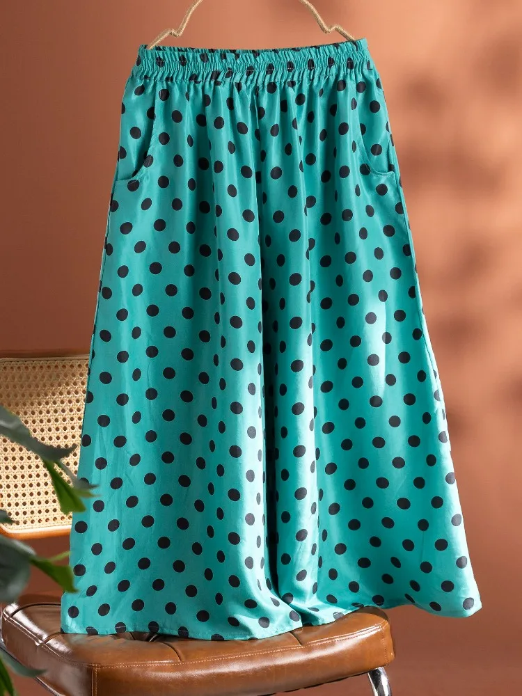 Women's Spring/Summer New Big Wave Point 100% Natural Mulberry Silk Electric Spinning Lazy Style Casual Loose Wide Leg Pants
