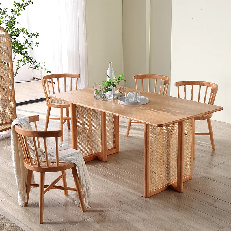 Nordic solid wood dining table, rattan woven rectangular table and chairs, simple oak one table, four chairs, dining table