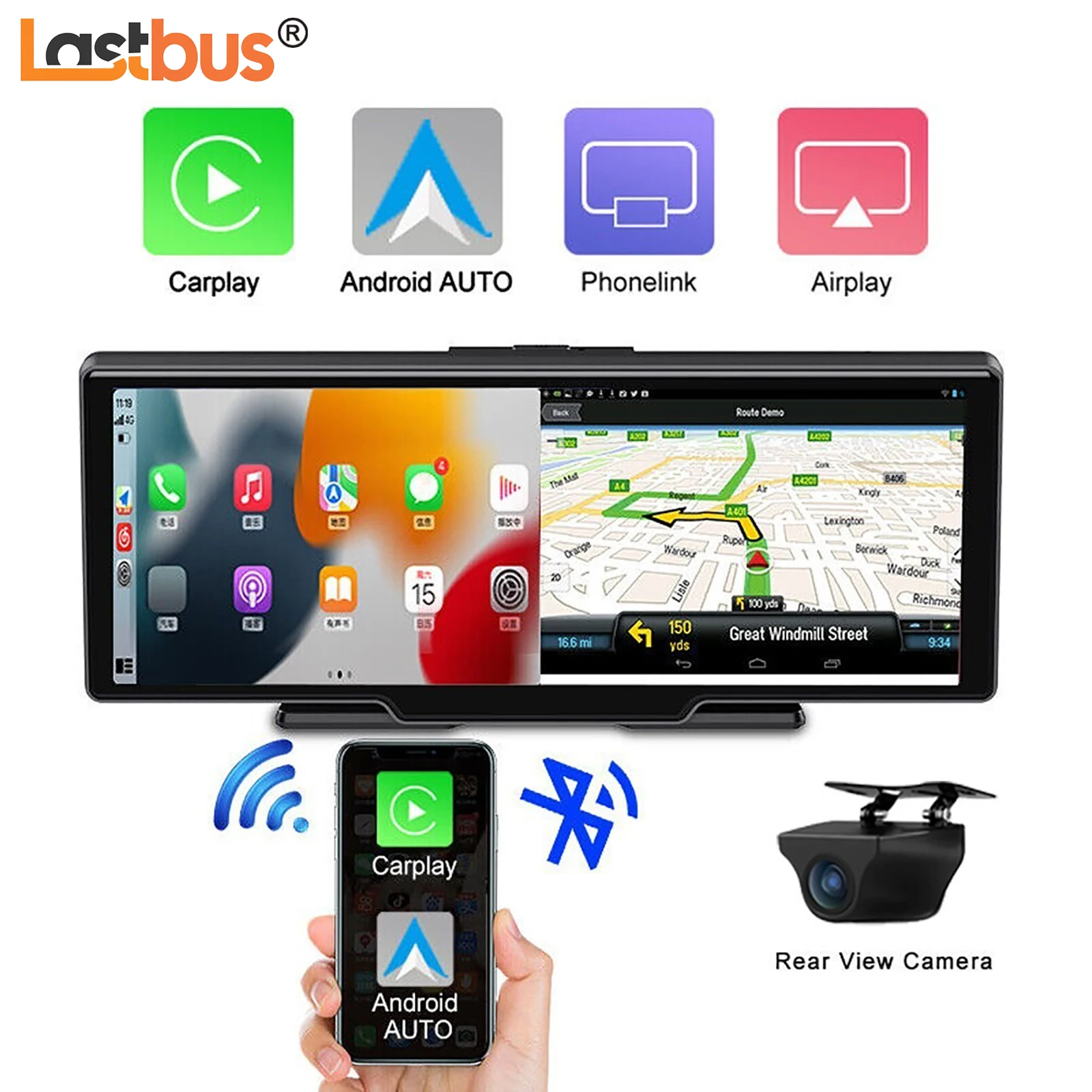 

10.26" Touch screen 2.5K Car Portable Wireless Apple CarPlay Android Radio Multimedia GPS dual lens Dash Cam 1080P Stereo Linu