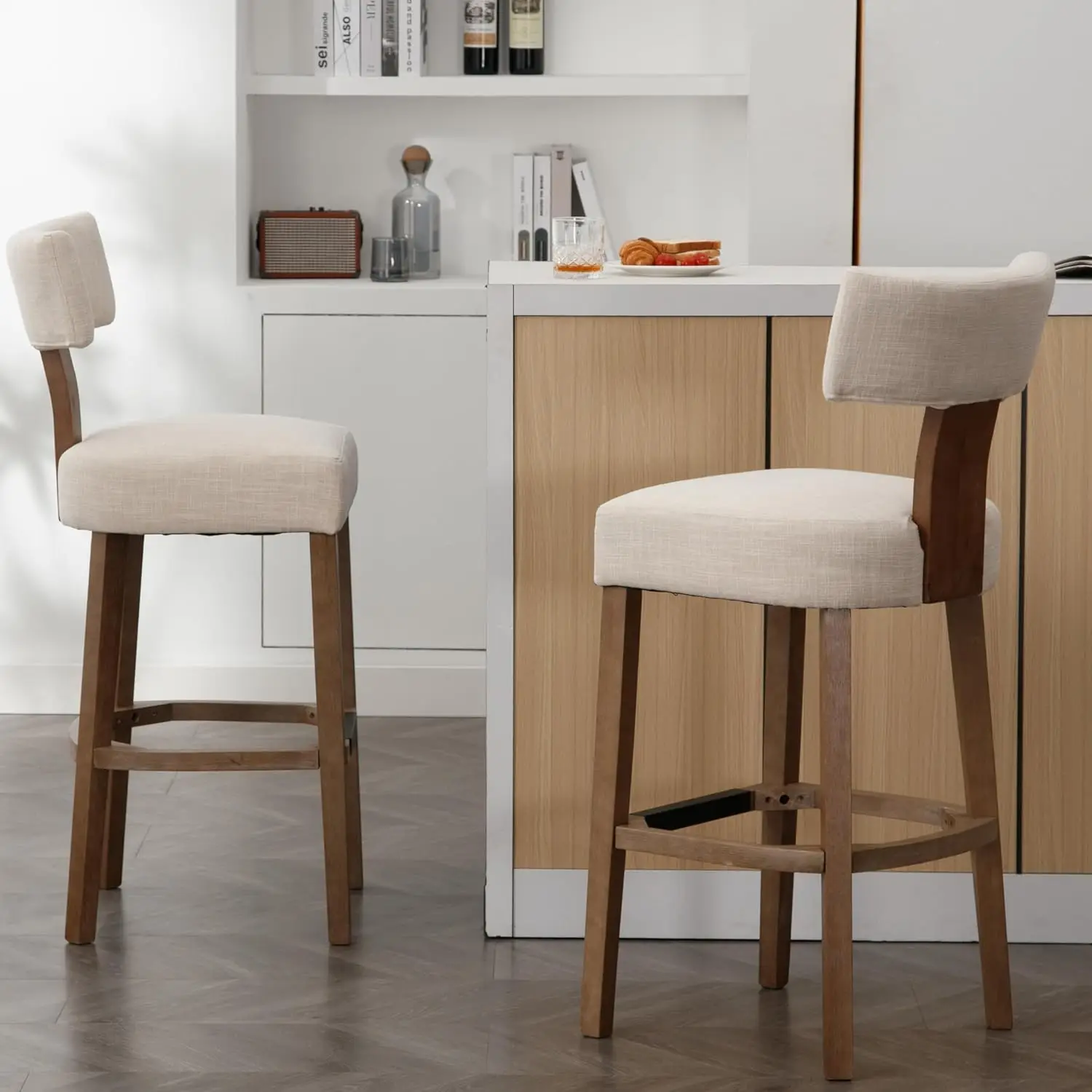 30” Bar Stools Set of 2 Counter Height Bar Stools Modern Kitchen Bar Stools with Back & Solid Wood Legs