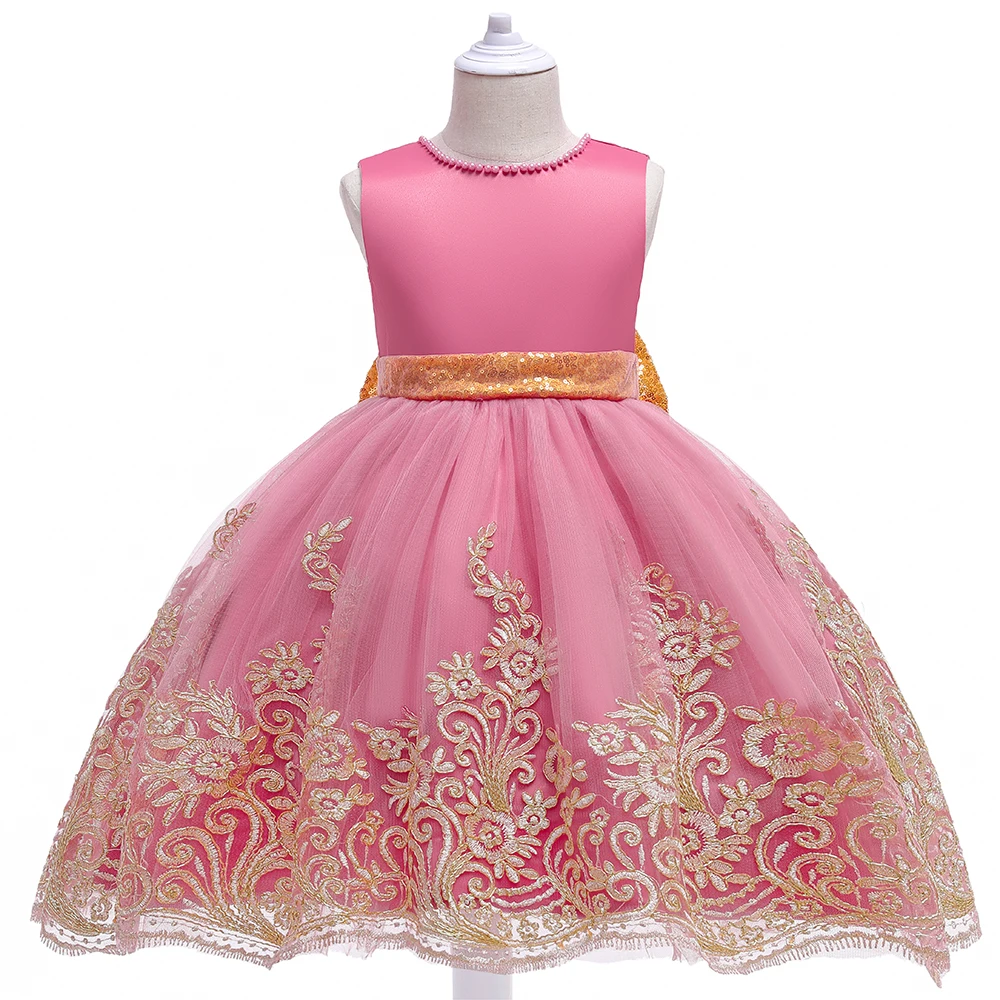 Gold Big Bow Girl Party Dress Elegant Pink Flower Beading Bridesmaid Princess Prom Kids Dresses for Girl Wedding Evening Costume