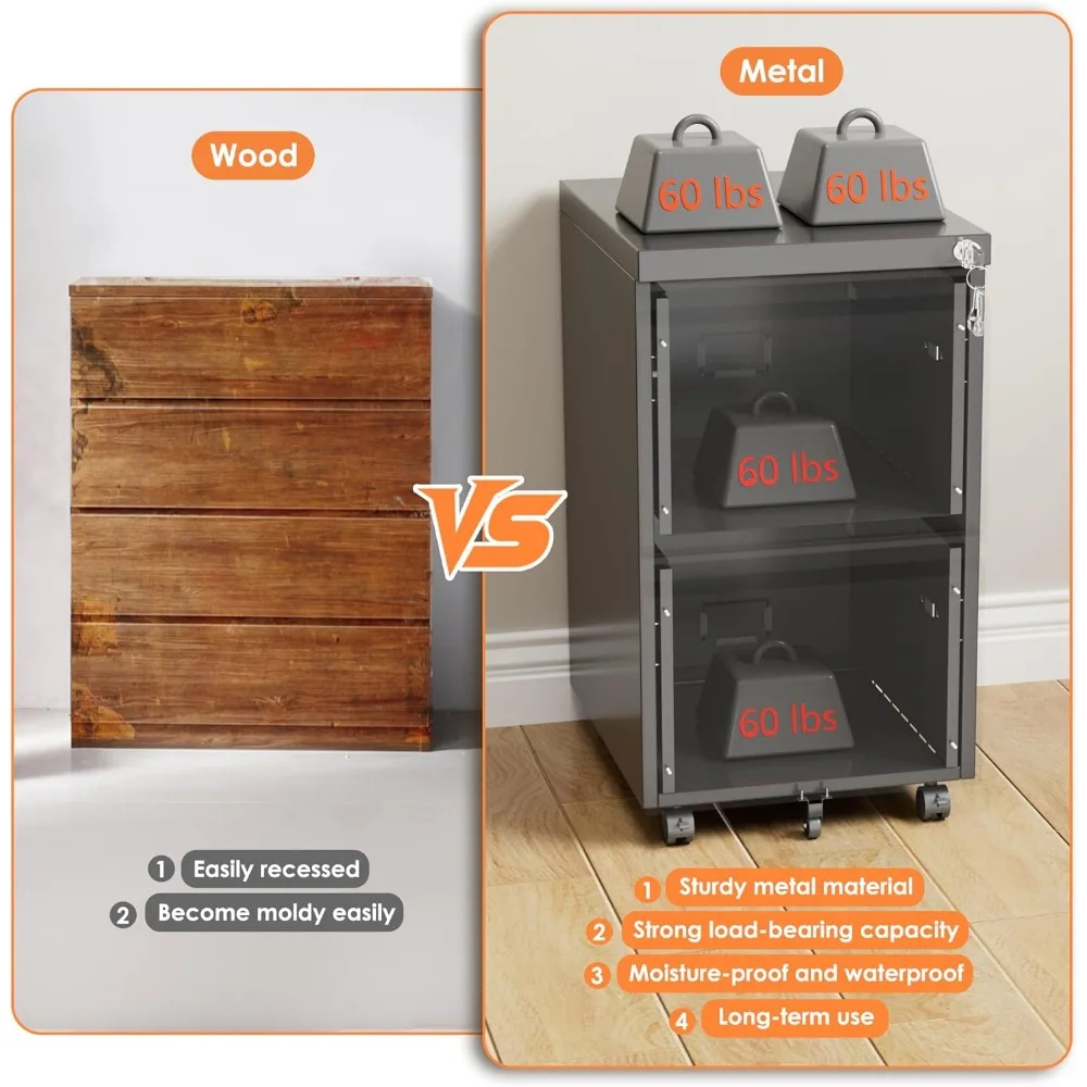 Home Office Metal File Cabinet with Lock, 2 Drawer Mobile Storage, Letter/Legal Size Filing, Desk-Underneath Organizer with Name