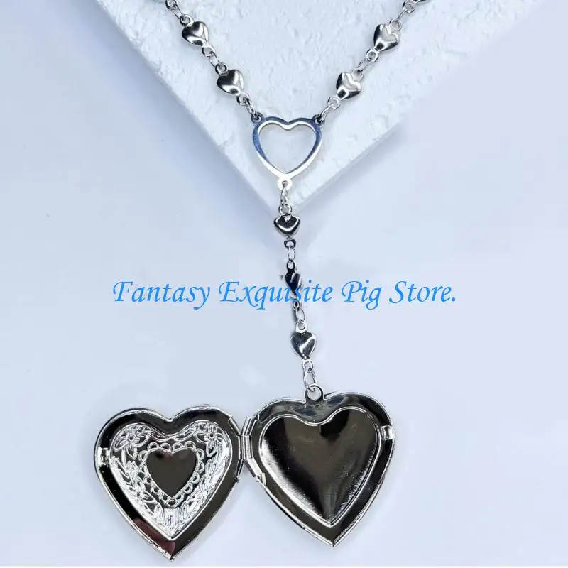 Dainty Heart Shaped Locket Neck Chain Box Pendant Necklace Lightweight Alloy Jewelry for Special Occasion 