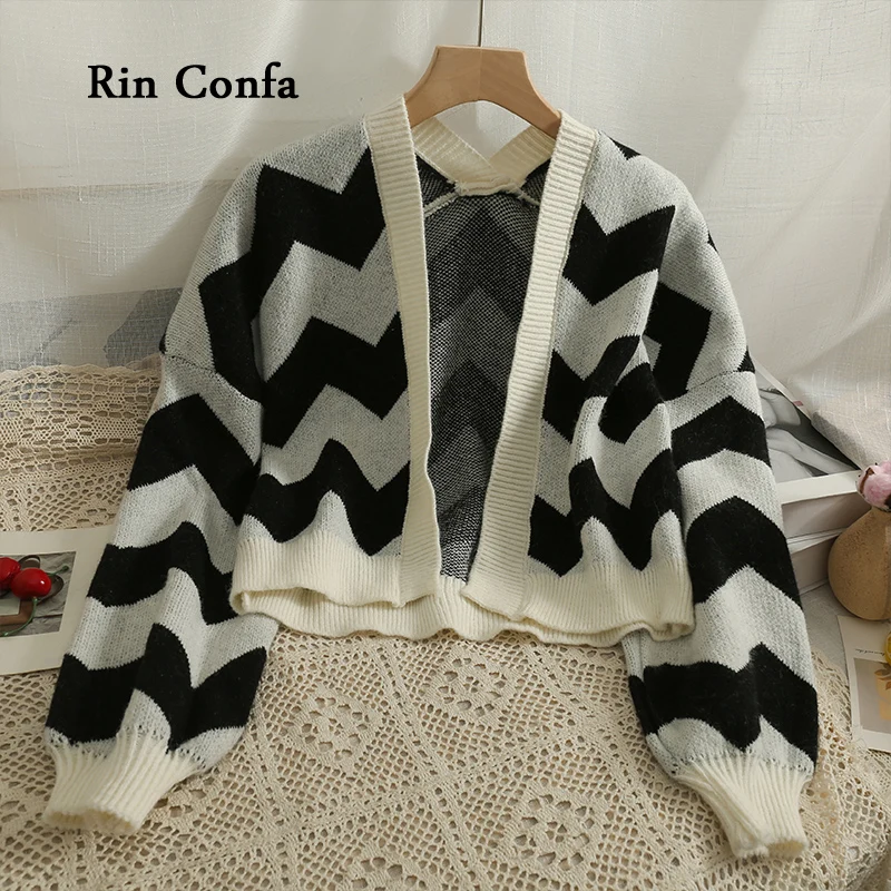 Rin Confa Women Cardigan Korean Style Color Blocking Wave Stripe Short Long Sleeve Sweater Female Fashion Loose Thin Lady Tops