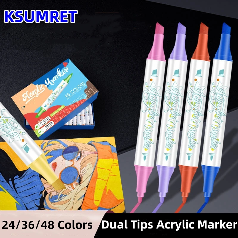 

24/36/48 Colors Acrylic Marker Pens Waterproof Colored Markers Student Art Supplies For Glass Stone Metal Wood Plasctic Paper
