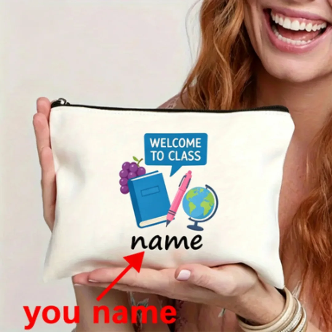 Custom Name Back To School Book Coffee Print Makeup Bag Personalized Zipper Cosmetic Pouch Stationery Storage Gift for Kids