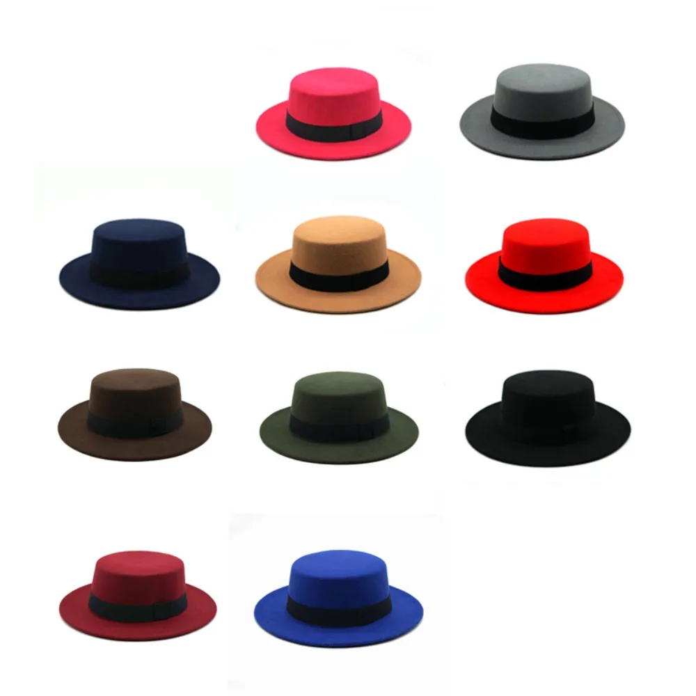 Sombrero Británico Retro de Copa Plana con Cinta Negra, Unisex, de Lana, Estilo Fedora, Gorro Cálido de Invierno