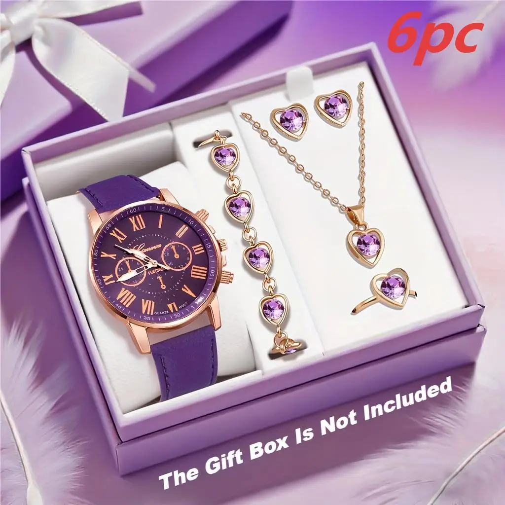 6PC Set Fashionable Elegant Multi-Function Ladies Quartz Watch with Various Color Options + Matching Jewelry Accessory Set No Gi
