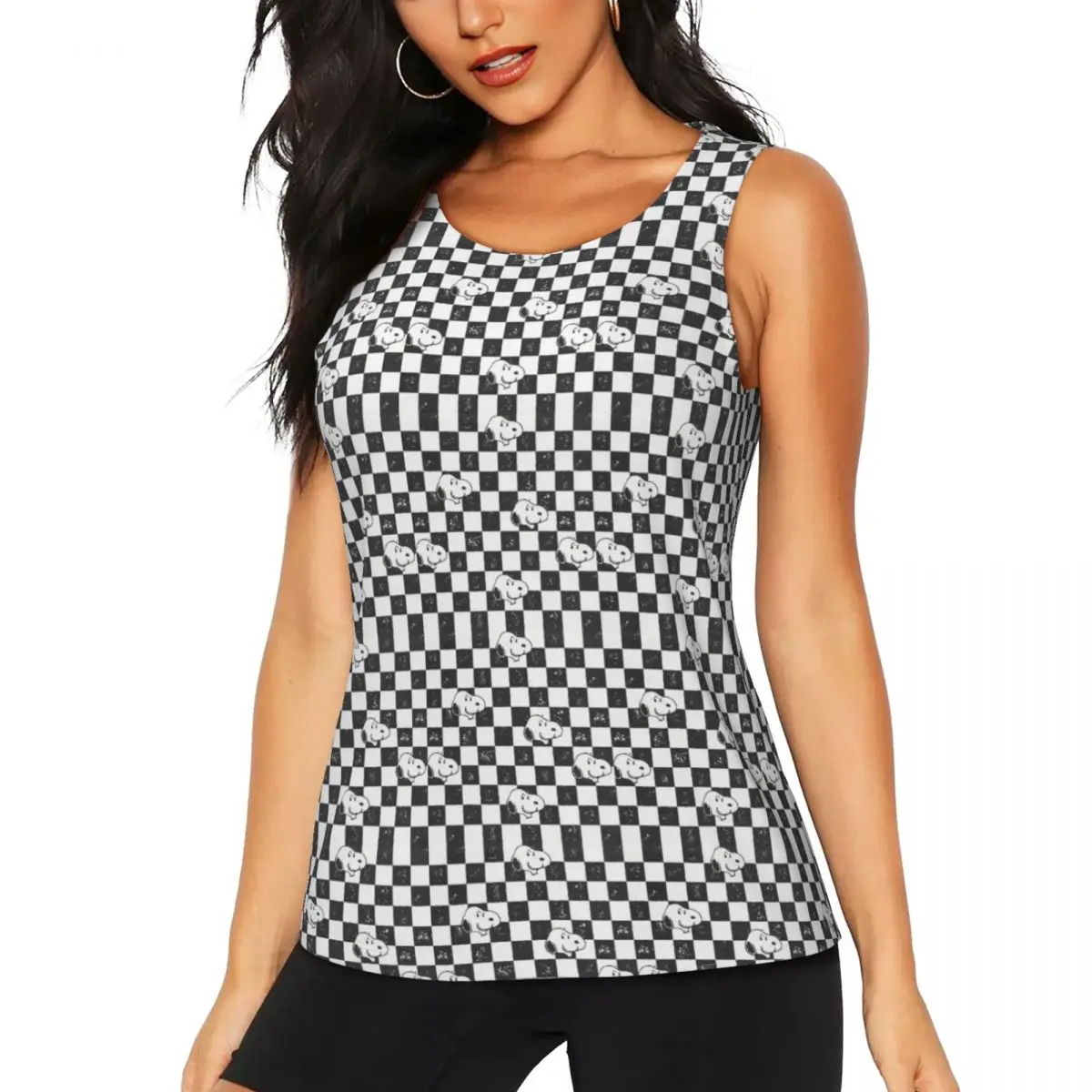 

Custom High Impact Snoopy Checkered Flag Sports Bra for Women Cartoon Comic Dog Gym Workout Yoga Crop Top
