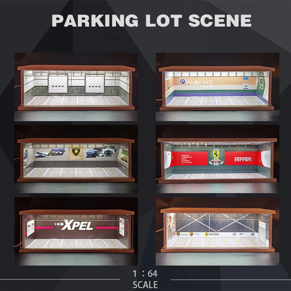 1:64 Scale Diorama Car Garage Model Assemble LED Lighting Car Parking Lot Backdrop Display Scene Model Toy Collection Gift