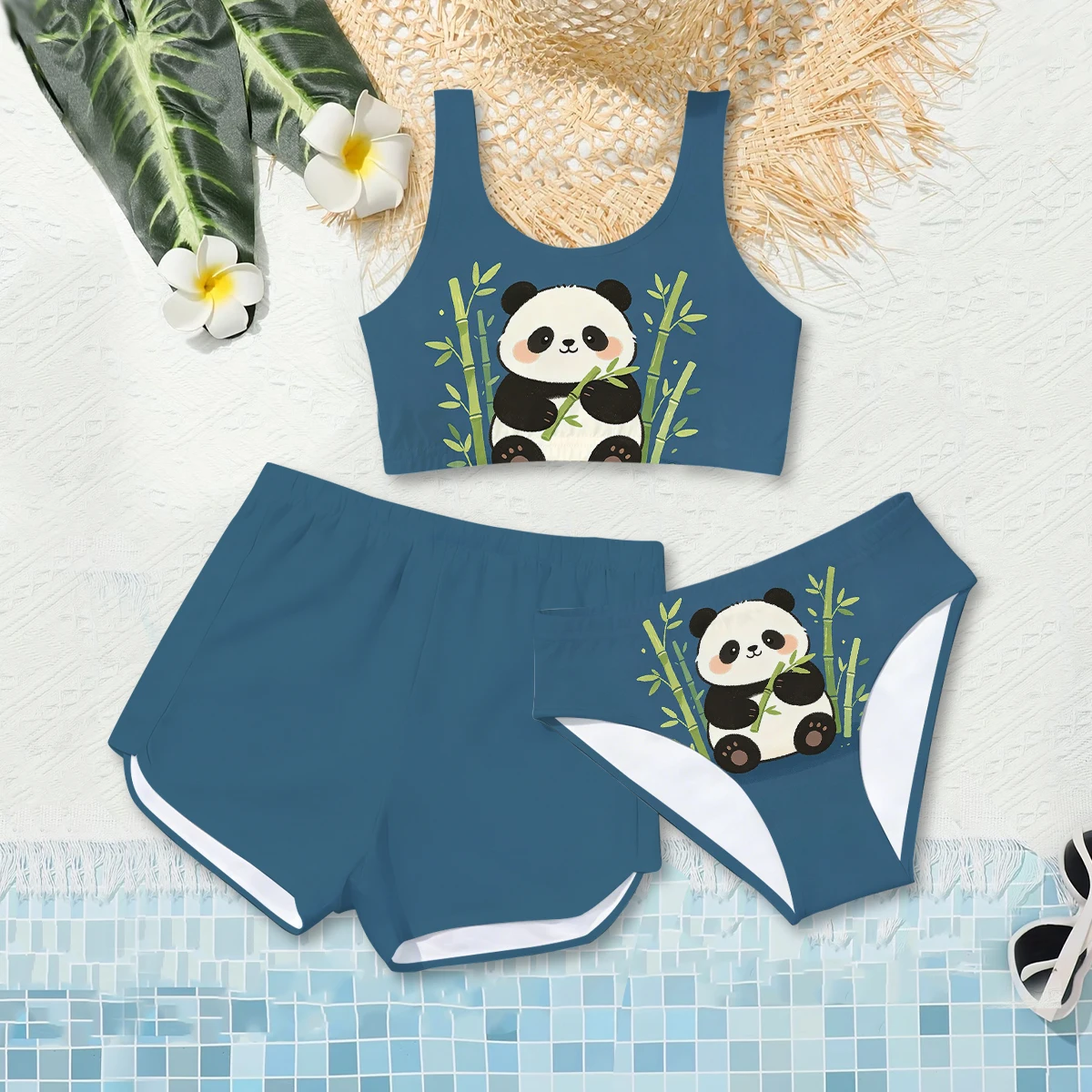 Girls' Summer Style Atmospheric Panda Fashion Three Piece Swimsuit Casual Sportswear