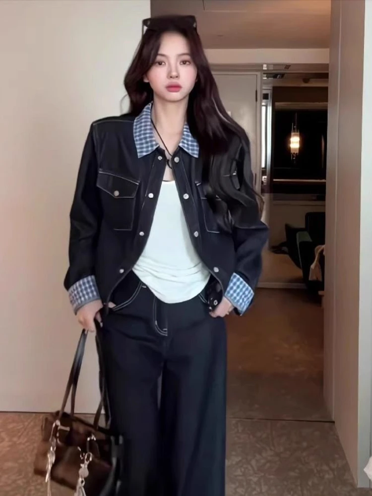 ผู้หญิงวินเทจลายสก๊อต DENIM แจ็คเก็ต-Distressed Blue Utility Coat ฤดูใบไม้ผลิฤดูใบไม้ร่วง Casual Layering Essentia Matching กางเกง