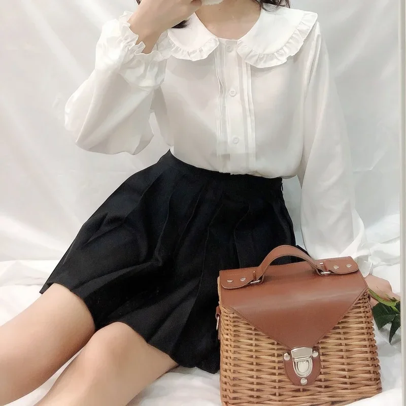 White Shirt Women Kawaii Peter Pan Collar Blouses Button Up Long Sleeve Cute Ruffle Tops Lolita Style Mori Girl Aesthetic