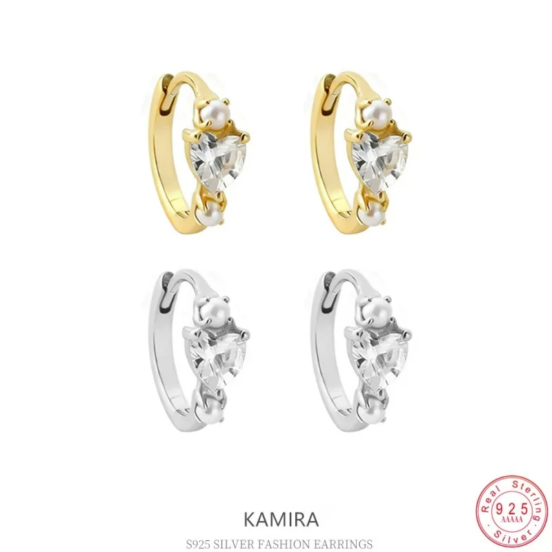 

KAMIRA 925 Sterling Silver Heart Pearl Huggie Earrings Gold Plated Trendy CZ Pearl Jewelry for Women