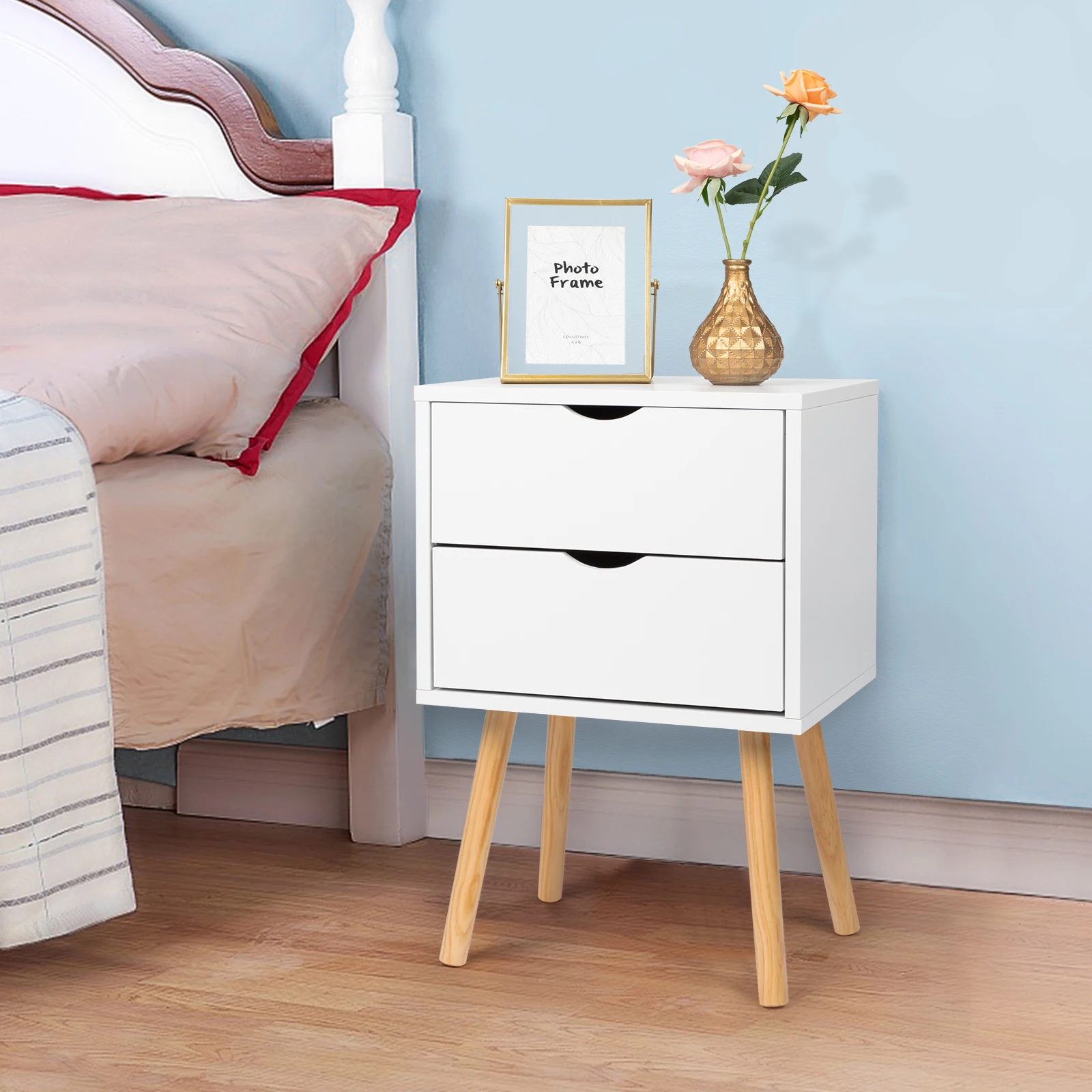 2Pcs Simple And Modern White Cabinet, Wood Color Legs, MDF Spray Paint, High Legs, Two Drawers, Bedside Table