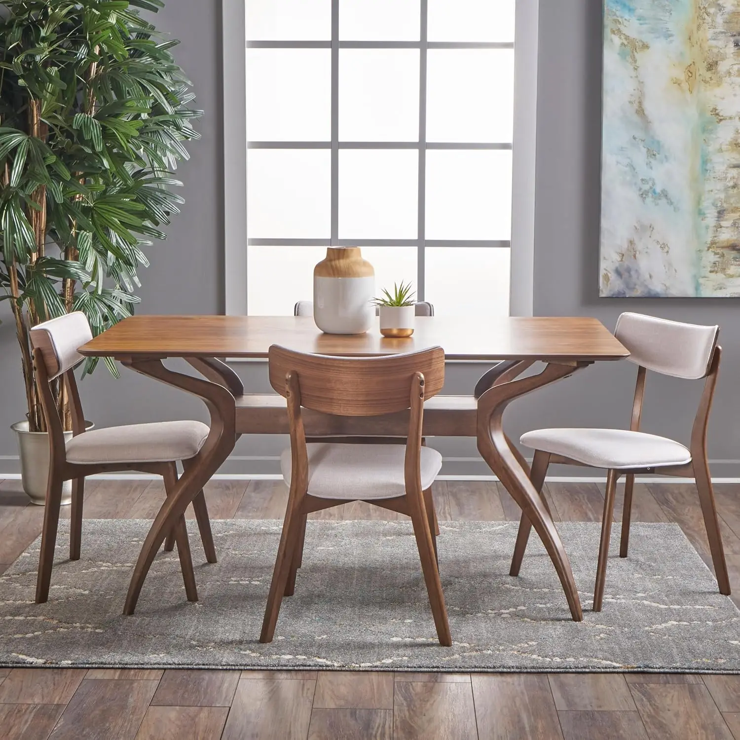 

Mid-Century Wood Dining Set with Fabric Chairs, 5-Pcs Set, Natural Walnut Finish / Light Beige