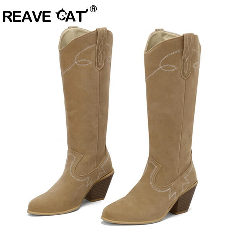 REAVE CAT Women Knee Boots Flock 7.5cm Sqaure Heel Wide Leg Slip On Cowboy Ridding Black Beige Big Size 46 47 48