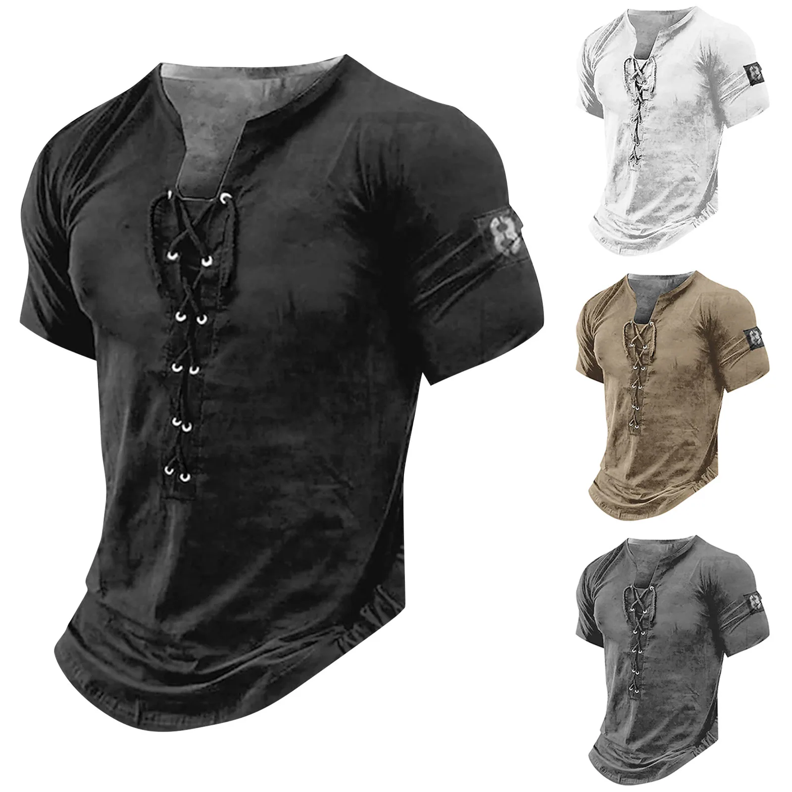 Men\'S Short Sleeve T-Shirt Graphic And Embroidered Fashion T-Shirt Spring And Summer American Retro Lace-Up Small V-Neck Tops