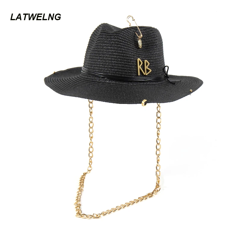 Luxury Desiger Brand Chain Strap Fedora Straw Hat For Women Summer Sun Hat With Neck Protection Rope Black Panama Beach Hats