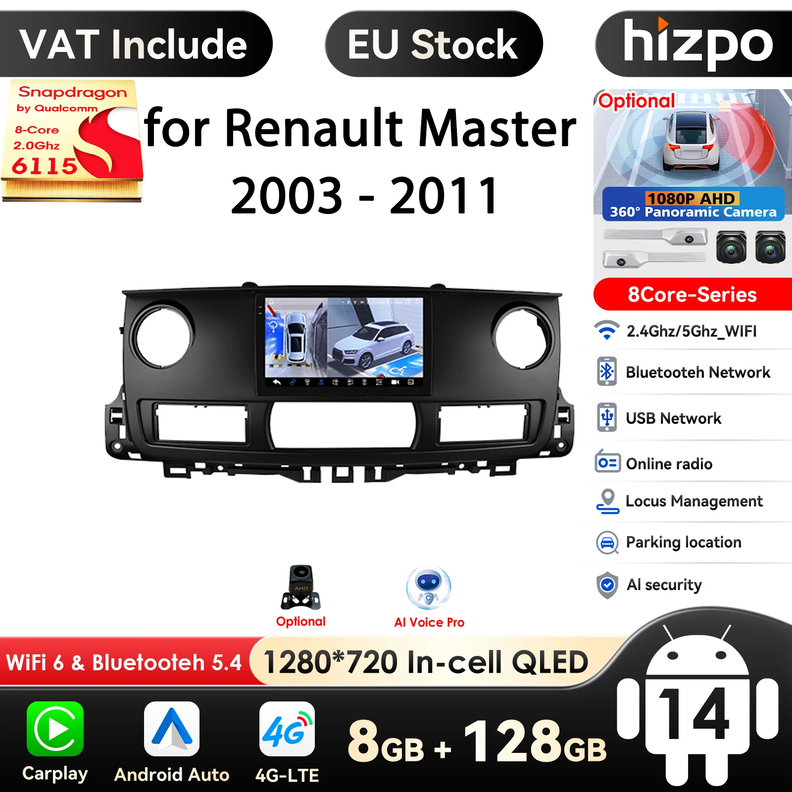 Hizpo systèmes intelligents 2 Din Android 14 autoradio pour Renault Master 2003 - 2011 lecteur vidéo multimédia Carplay 4G GPS