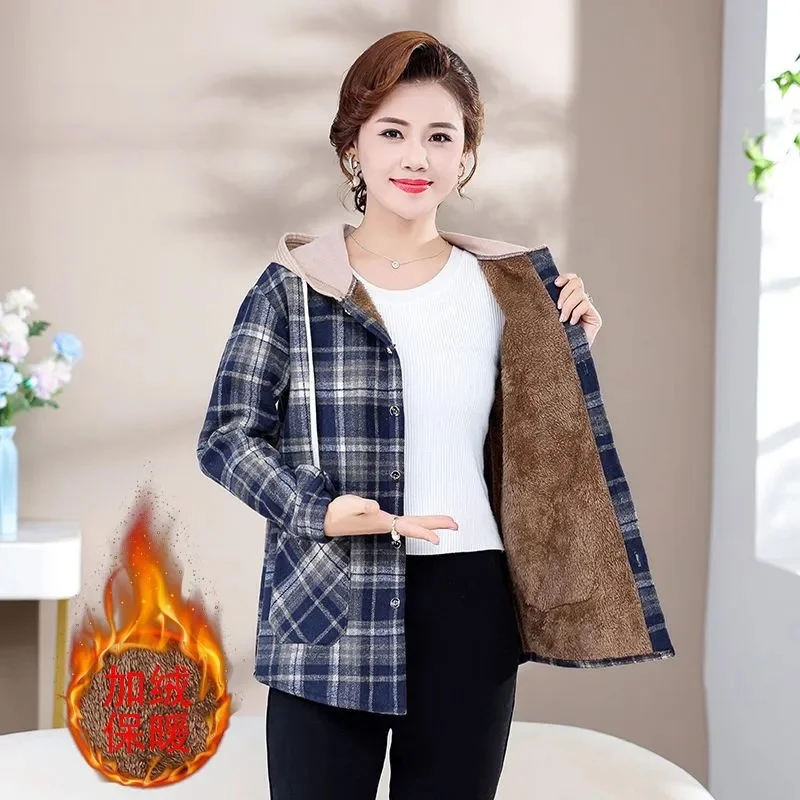 Add Velvet Hooded Plaid Jacket Women 2025 Autumn Winter New Coat Middle-Aged Mother Outwear Large Size Joker Overcoat Ladies Top