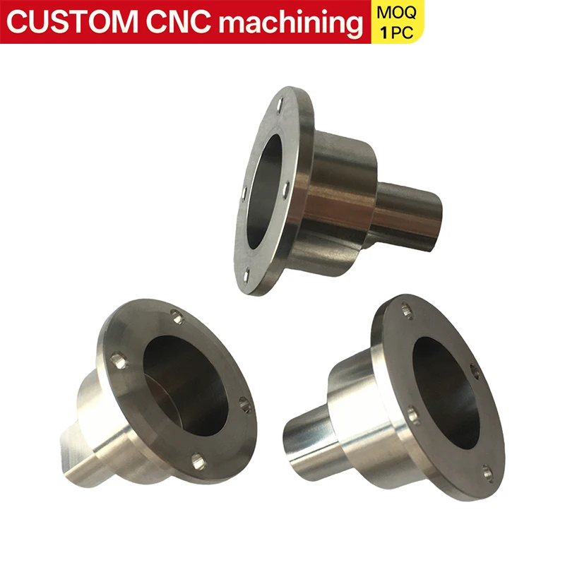 CNC custom metal flange bushings, stainless steel and aluminum alloy, machined, milled, drilled, polished, and anodized.