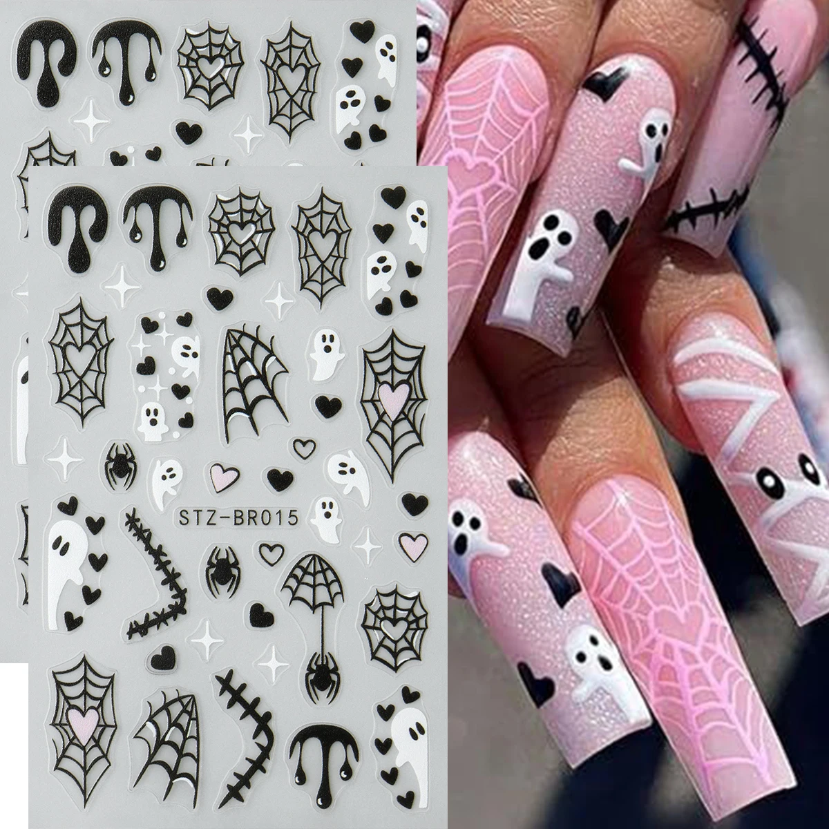 2pcs Halloween Nail Art Stickers Spiderweb Black Spider Little White Ghost Heart Dripping Liquid Stitched Lines Dark Sweet Decal