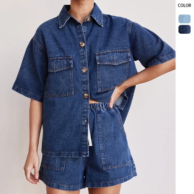 2025 Spring/Summer New Retro Casual Loose Pocket Short Sleeved Shirt, Shorts, Cowboy Set, Women's Sexy Spicy Pants Set