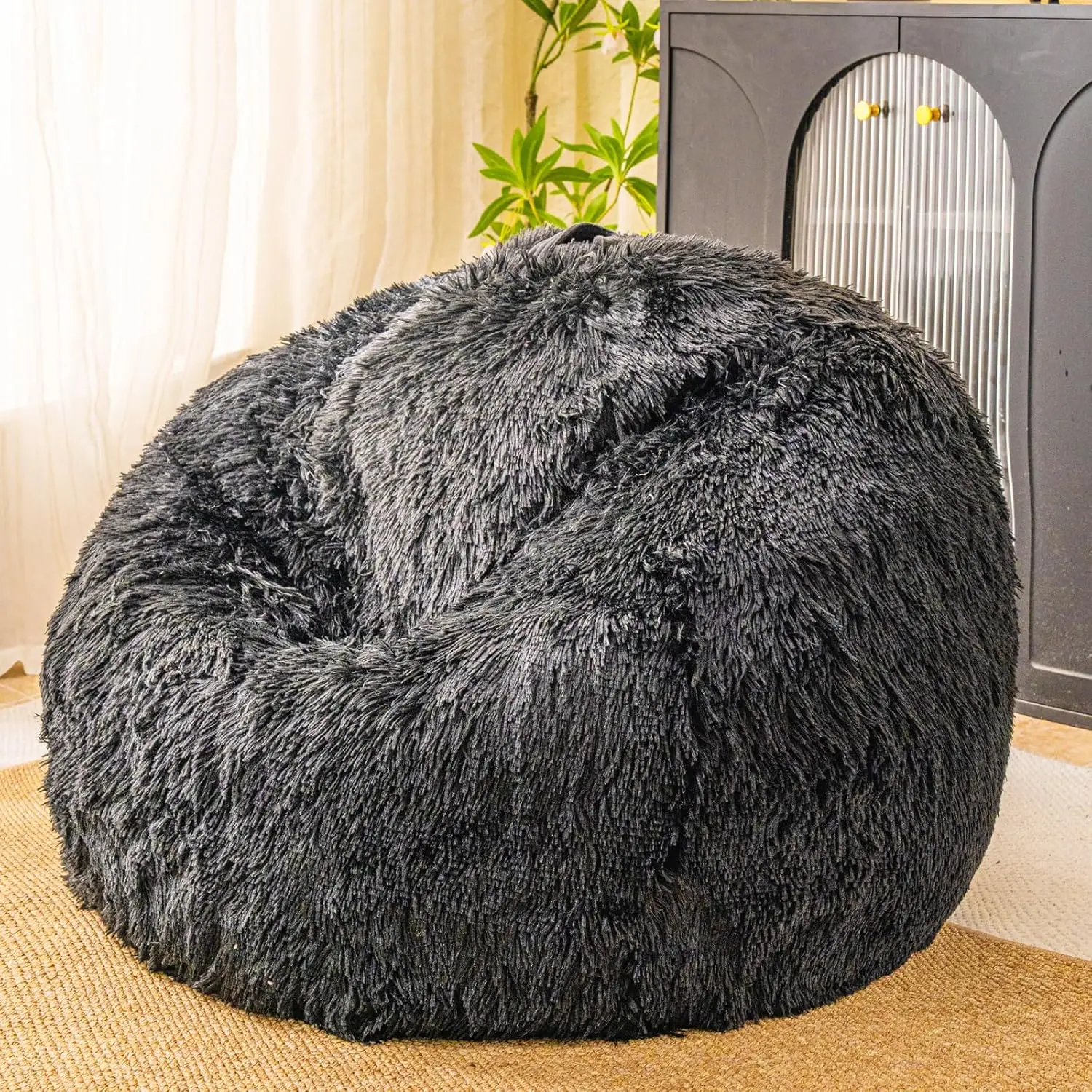 Soft Black Faux Fur Bean Bag Chair Cover, No Filler Included, for Bedroom Storage and Comfort