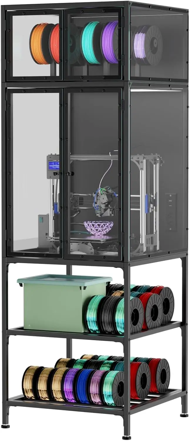 3D Printer Cabinet, Double Layer 3D Printer Stand Filament Storage Rack with T Shaped Bar, Noise Reducing & Dust Proof Enclosure