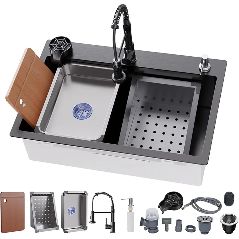 

Stainless Steel Single Bowl Kitchen Sink with Pull-Down Faucet and Accessories, 29.5x17.7 inches